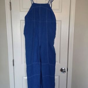 Urban Outfitters Blue Linen Blend Wide Leg Jumpsuit | Size M
